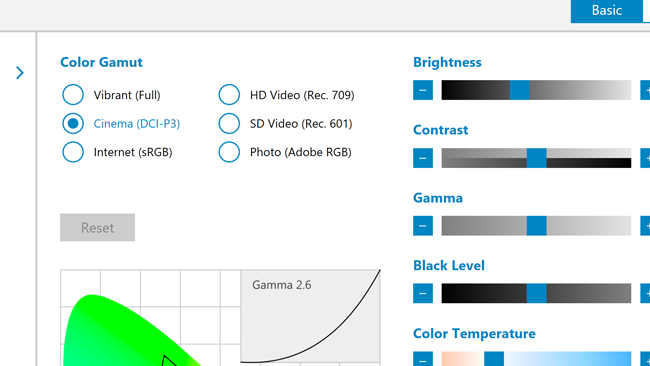 The UHD display option covers the  full Adobe RGB colourspace, with options to switch to several other useful  modes 