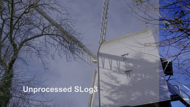 The left-hand image is in a low contrast, log-type mode. The right hand part is processed to look normal