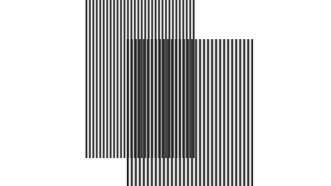 The lower pattern has slightly wider spacing than the upper; the interaction between the two creates an interference pattern 