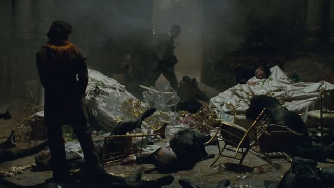The smoke clouds at the top of this frame from the Sherlock Homes sequel are appropriate for the aftermath of an explosion