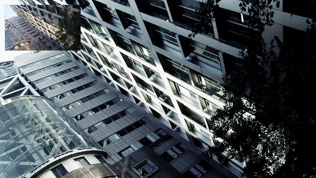 This LUT does a good job of making nondescript brownish buildings into a cool, contrasty sci-fi cityscape