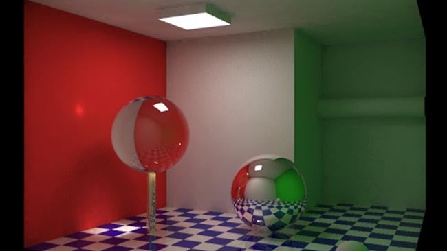 This image, rendered by Grzegorz Tanski, is the canonical example of global illumination. Notice that the coloured walls cast their colour onto the floor and ceiling.jpg