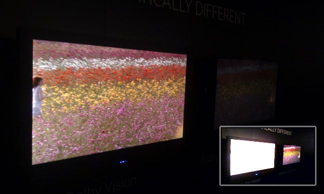 This shot of the Dolby booth at IBC is still probably the best way to demo HDR on normal displays. Inset what the comparison looks like exposed for the SDR display (right).jpg