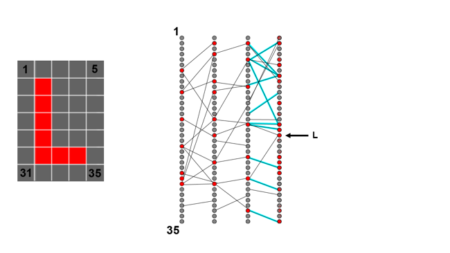 To improve our result, we slightly decrease the weighting of connections which give us incorrect answers, shown here in blue