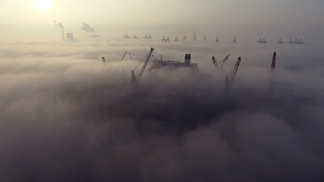 A misty flight - drone filming the Pioneering Spirit Condept