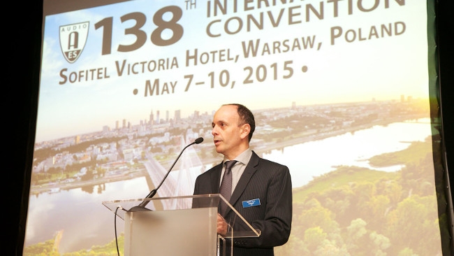 ES President Andres Mayo addresses the audience at the opening ceremonies of the 138th AES International Convention in Warsaw. AES / RedShark Sound