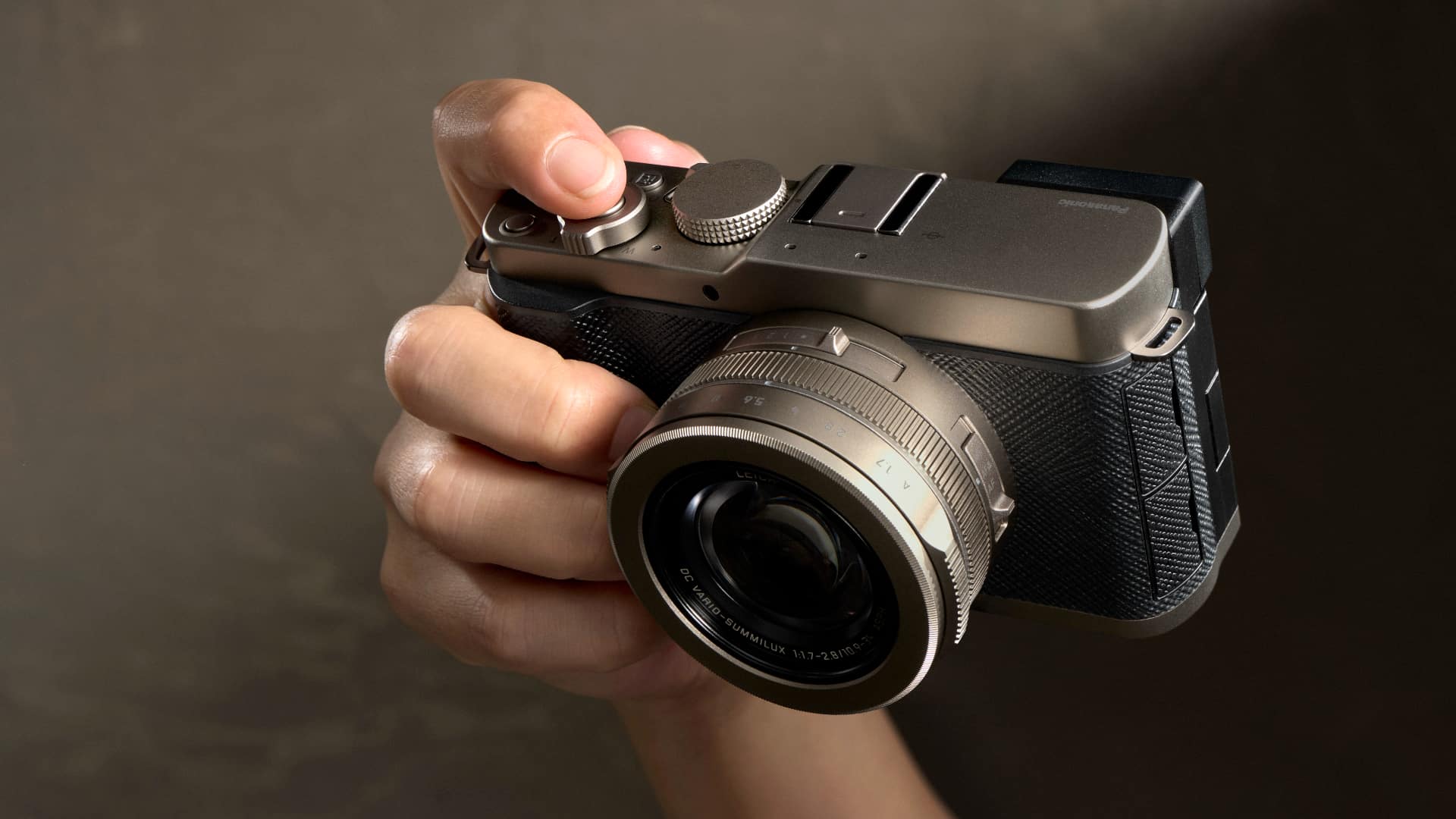 Panasonic LUMIX L10 compact camera held in one hand showing top plate controls and OLED viewfinder