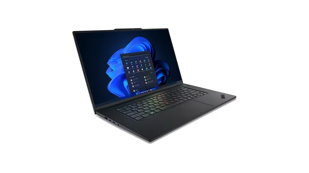 A Lenovo ThinkPad P1 Gen 8 black laptop with a large touchpad and Windows 11 home screen displayed, placed on a white background, seen from a front-left angle.