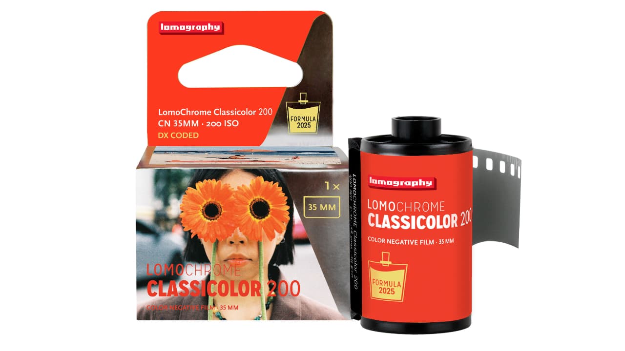 The image shows a photography film packaging for Imagography's Lomochrome Classic 200 film. There is a film canister, a film strip, and a colorful image of a person holding flowers with the text 'LUMOCHROME CLASSIC COLOR 200' visible on the flowers and the film canister. The packaging also includes technical details such as ISO 100, 35mm film, and 'DX CODED'.