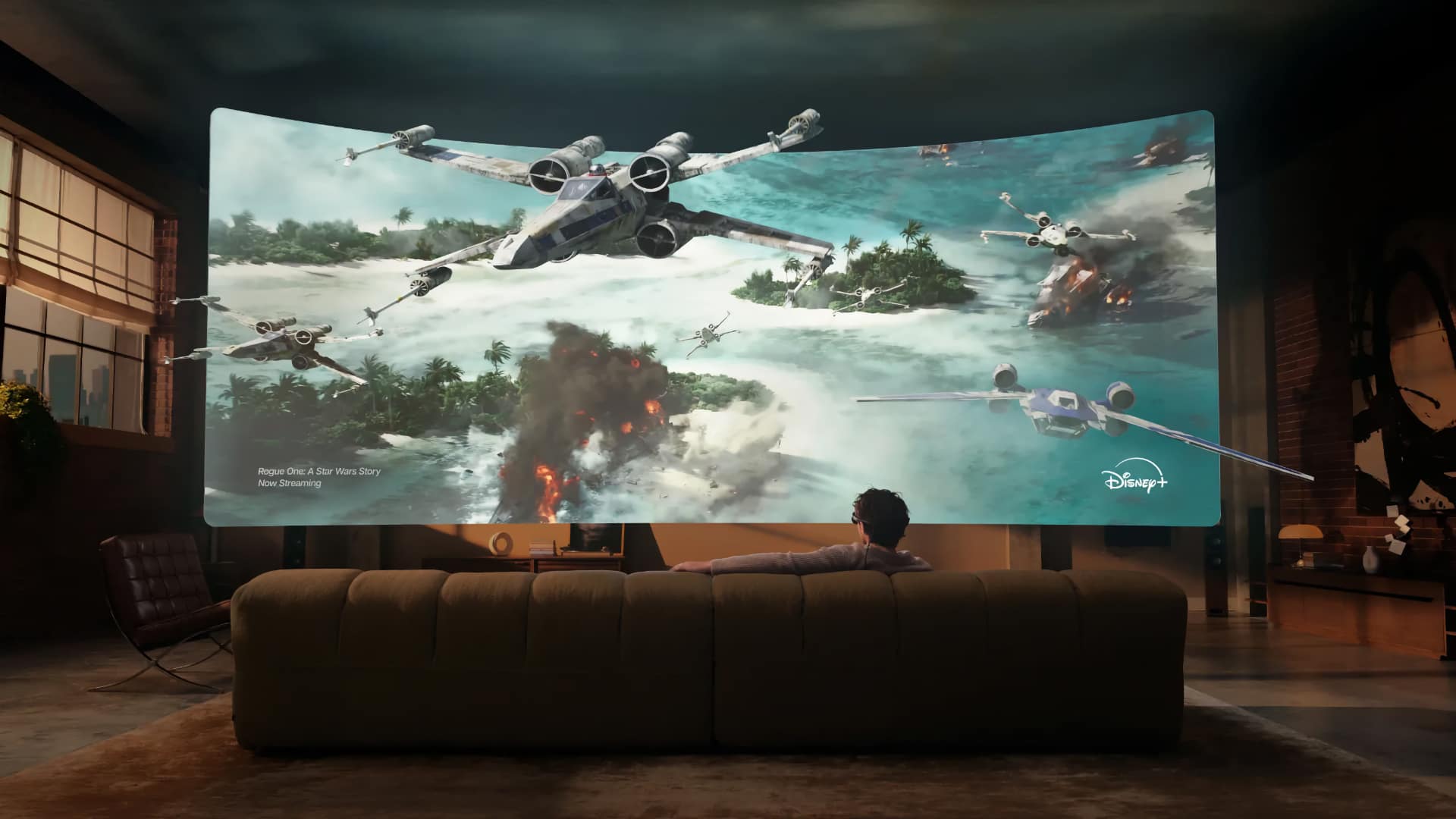 Meta VR Glasses wearer viewing an immersive Disney+ screen showing Rogue One: A Star Wars Story