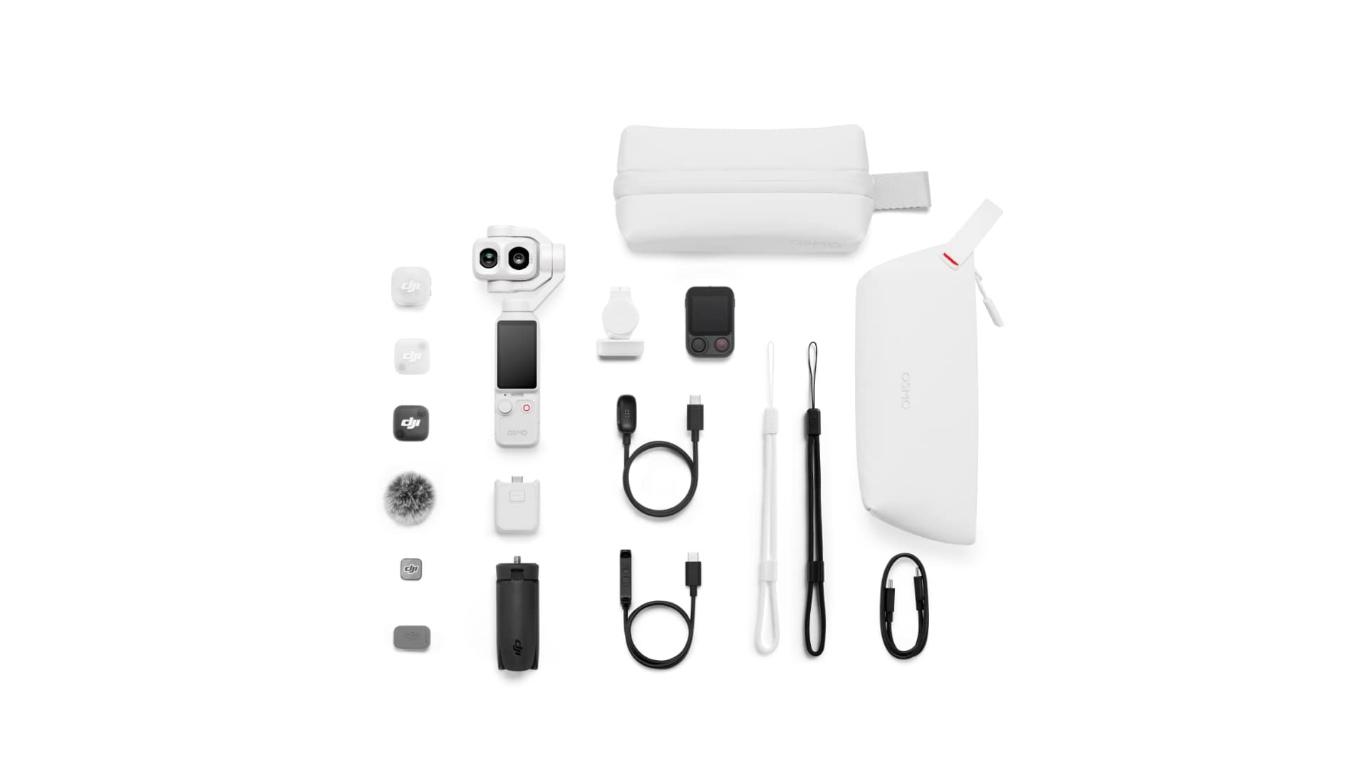 DJI Osmo Pocket 4P Pearl White Vlog Combo contents laid out flat with black mini tripod and white carrying cases