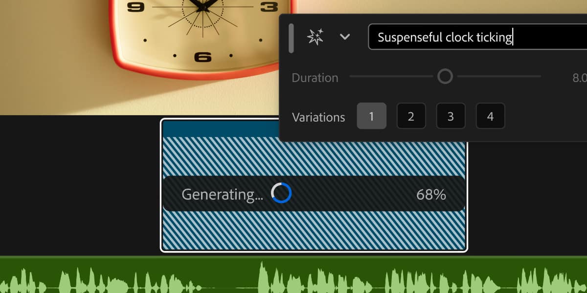 Adobe Premiere Generative Media Tool generating a sound effect clip in the timeline