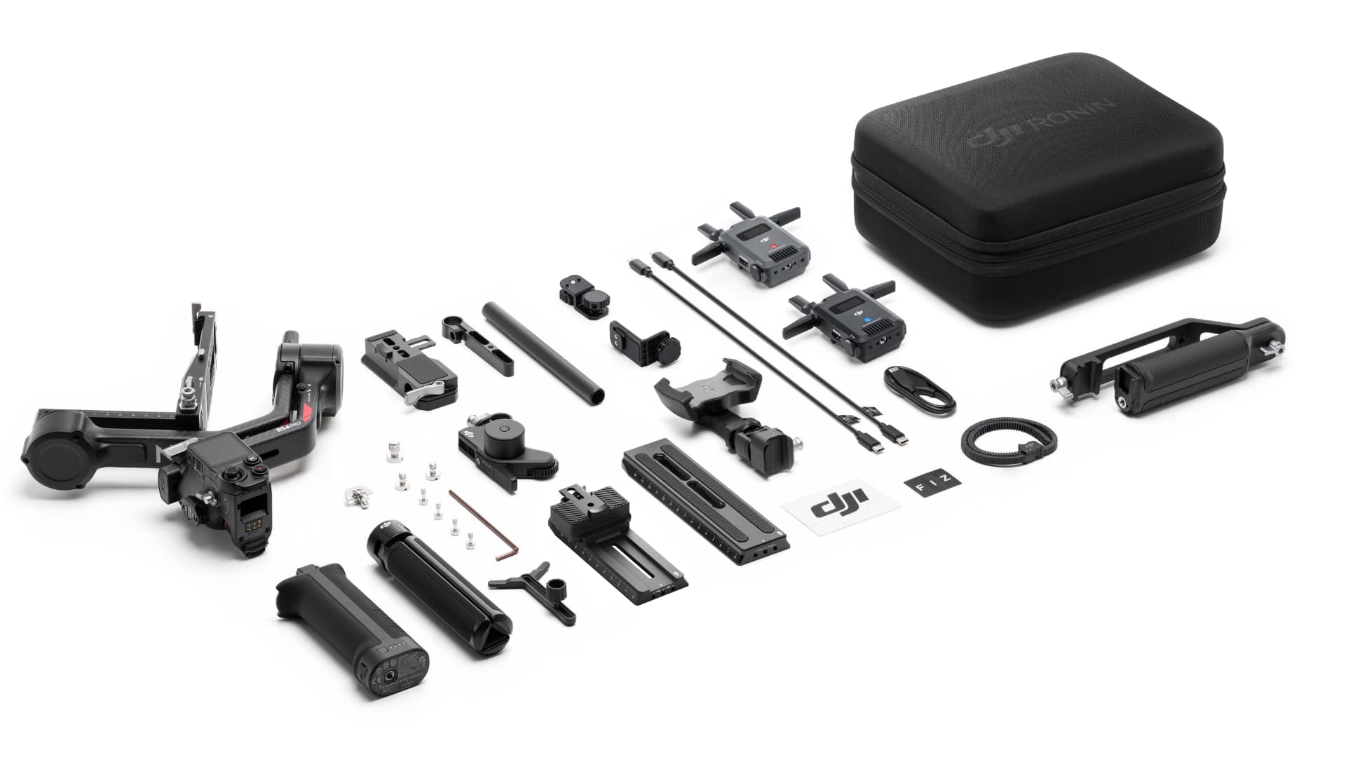 DJI RS 4 Pro SDR Transmission Combo components laid out, including gimbal, SDR transmitter and receiver, carrying case, battery grip, and accessories