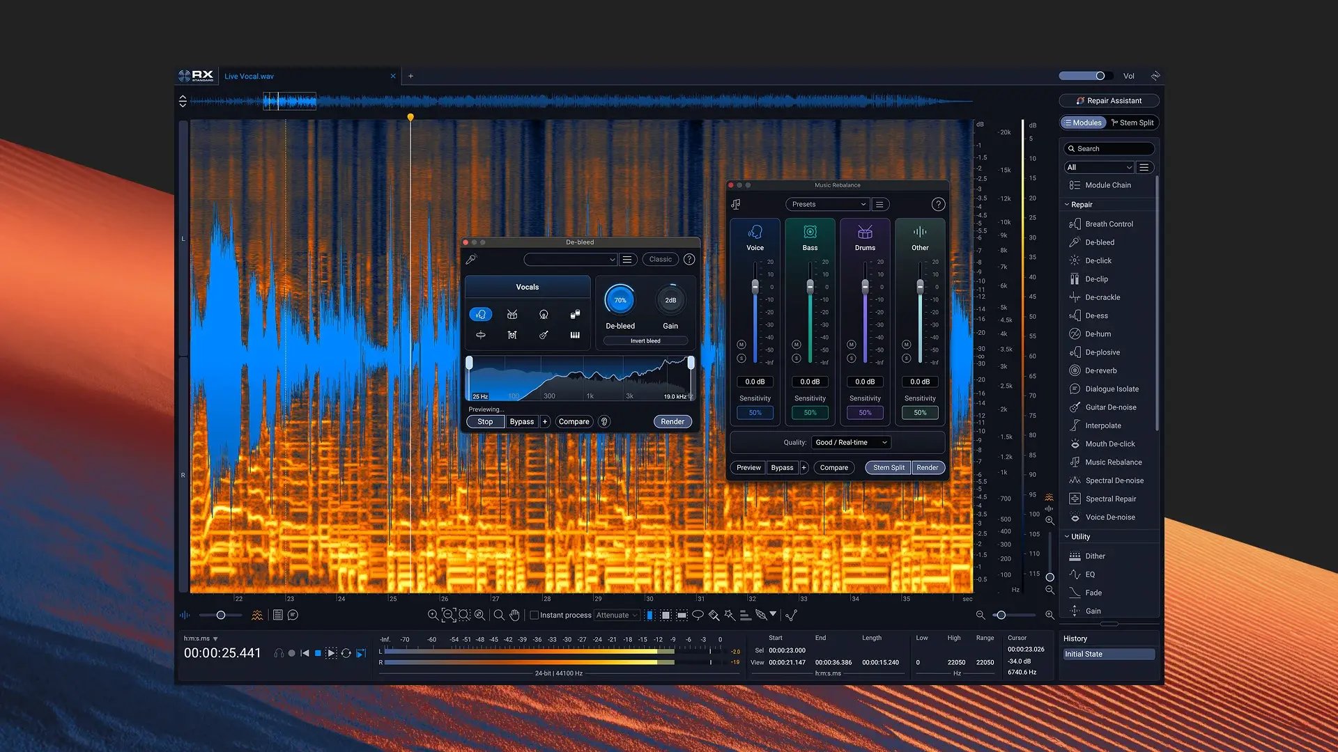 iZotope RX Standard interface showing a vocal spectrogram with the De-bleed module and Music Rebalance panel open