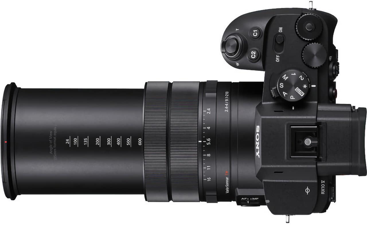 Sony RX10 V side profile with lens fully extended showing angle of view markings from 24mm to 600mm