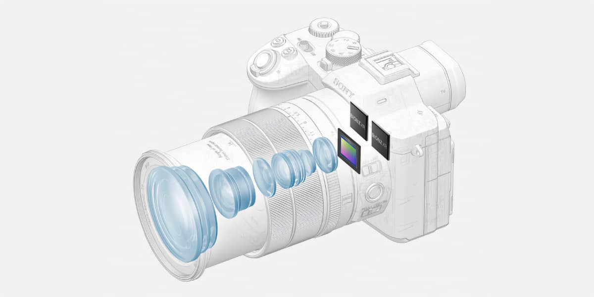 Sony RX10 V wireframe illustration showing internal lens elements, 1.0-type sensor and dual BIONZ XR processors
