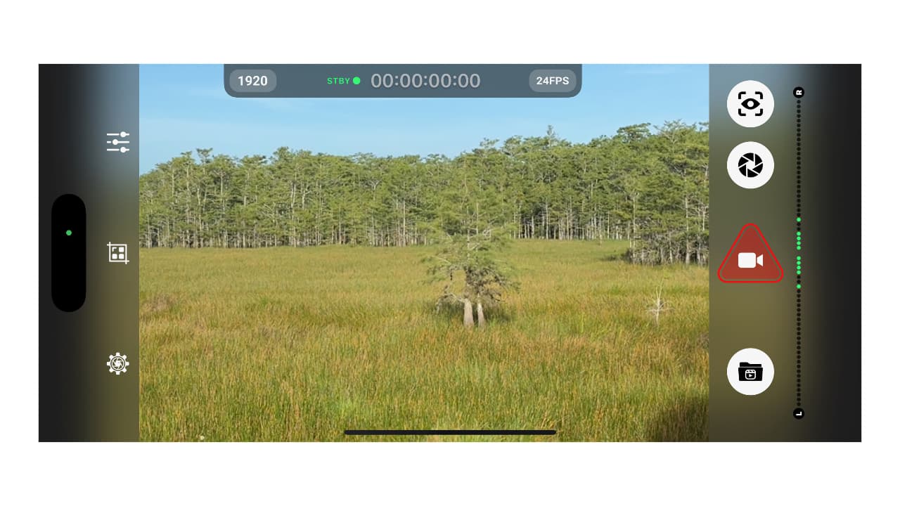 A smartphone screen displays a video recording interface focused on a grassy wetland with trees in the background. Recording and camera controls are visible on the right side of the screen.