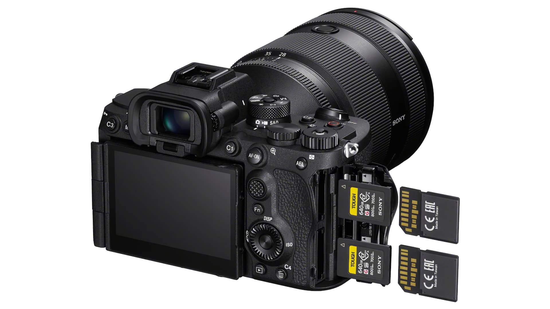Sony Alpha 7R VI rear view with dual card slots open showing Sony Tough CFexpress Type A and SD memory cards
