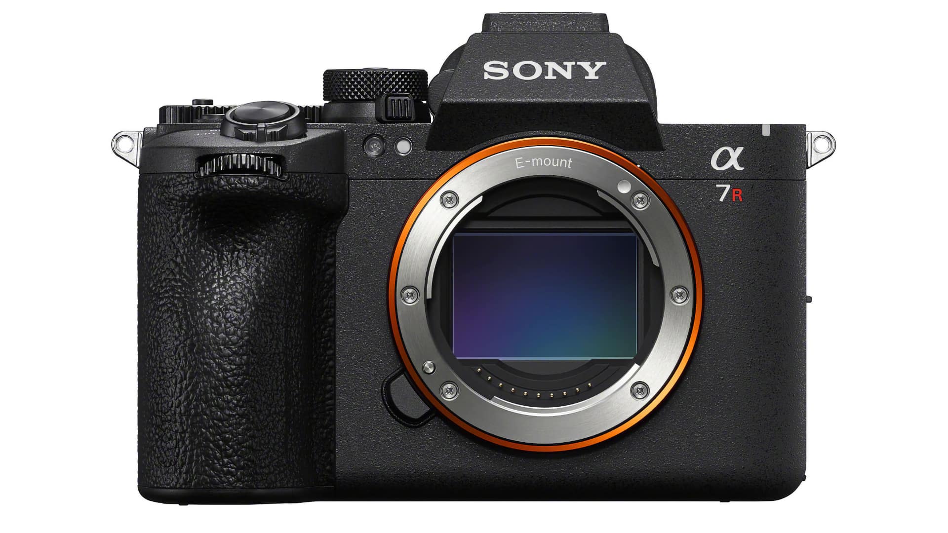 Sony Alpha 7R VI front view body only showing E-mount with orange accent ring and 66.8 MP Exmor RS CMOS sensor