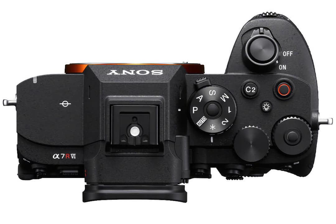 Sony Alpha 7R VI top view showing mode dial, control dials, C2 button and Multi Interface Shoe, body only