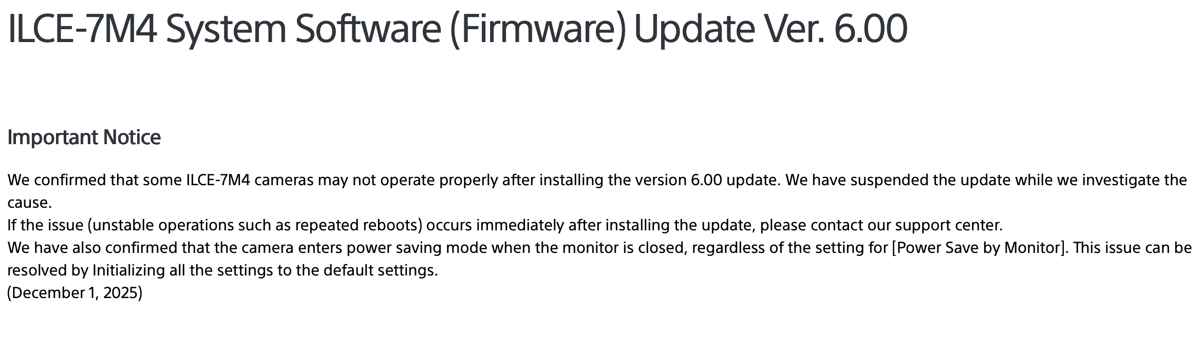 Sony a7 IV firmware issues