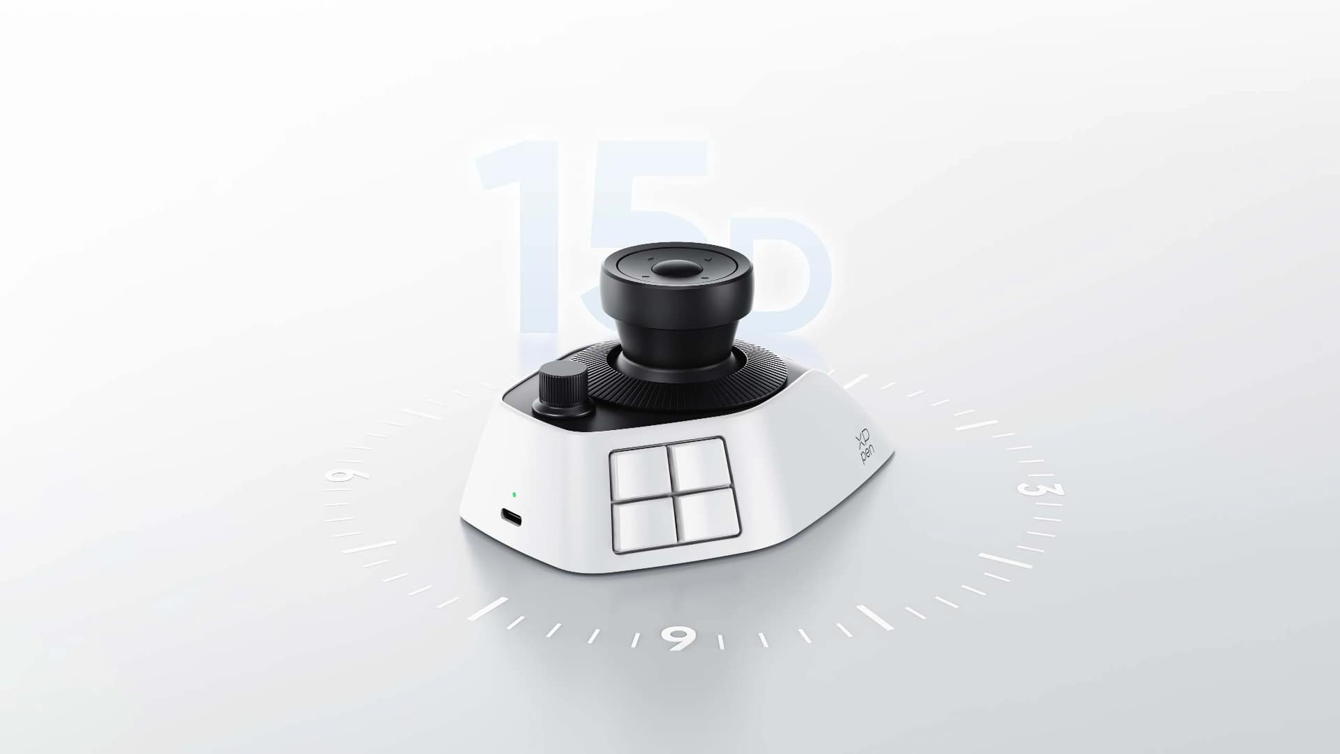XPPen Pilot Pro editing console close-up showing button layout and capacitive touch controls on joystick top