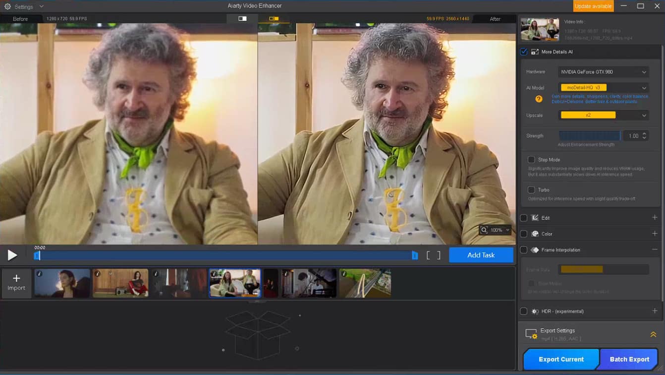 Aiarty Video Enhancer interface for AI denoising, enhancement, and upscaling