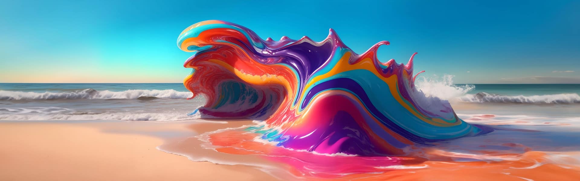 Multicolored liquid paint wave curling over a sandy beach under a blue sky to illustrate ASUS ProArt AI creation and Adobe links