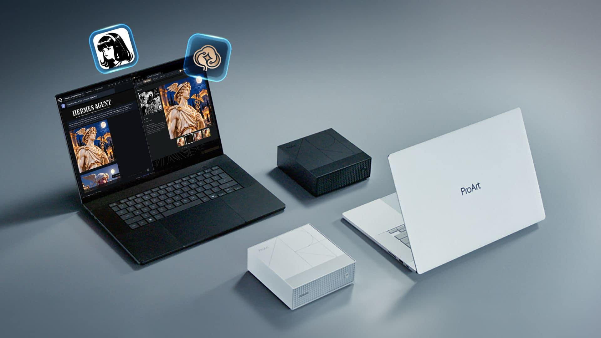 ASUS ProArt P16 and P14 laptops with GR1X mini PCs in black and white and Hermes Agent on the open laptop screen