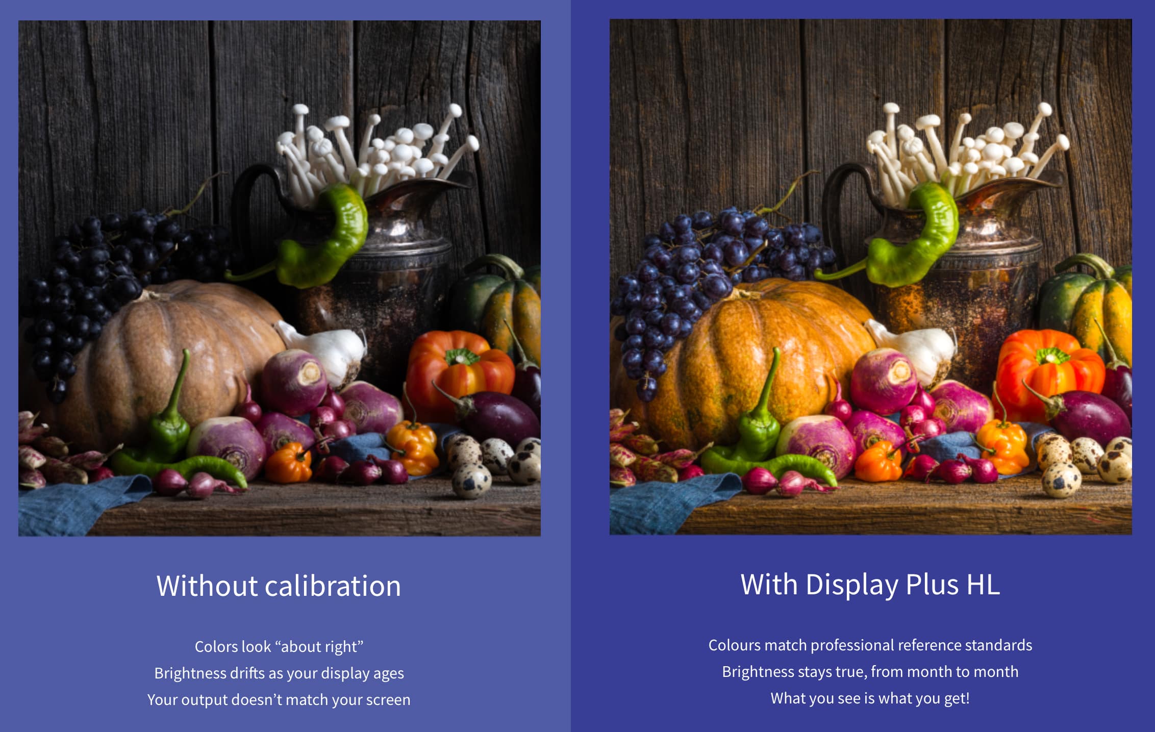 Side-by-side comparison of a still-life photograph showing uncalibrated display output on the left versus Display Plus HL-calibrated output on the right