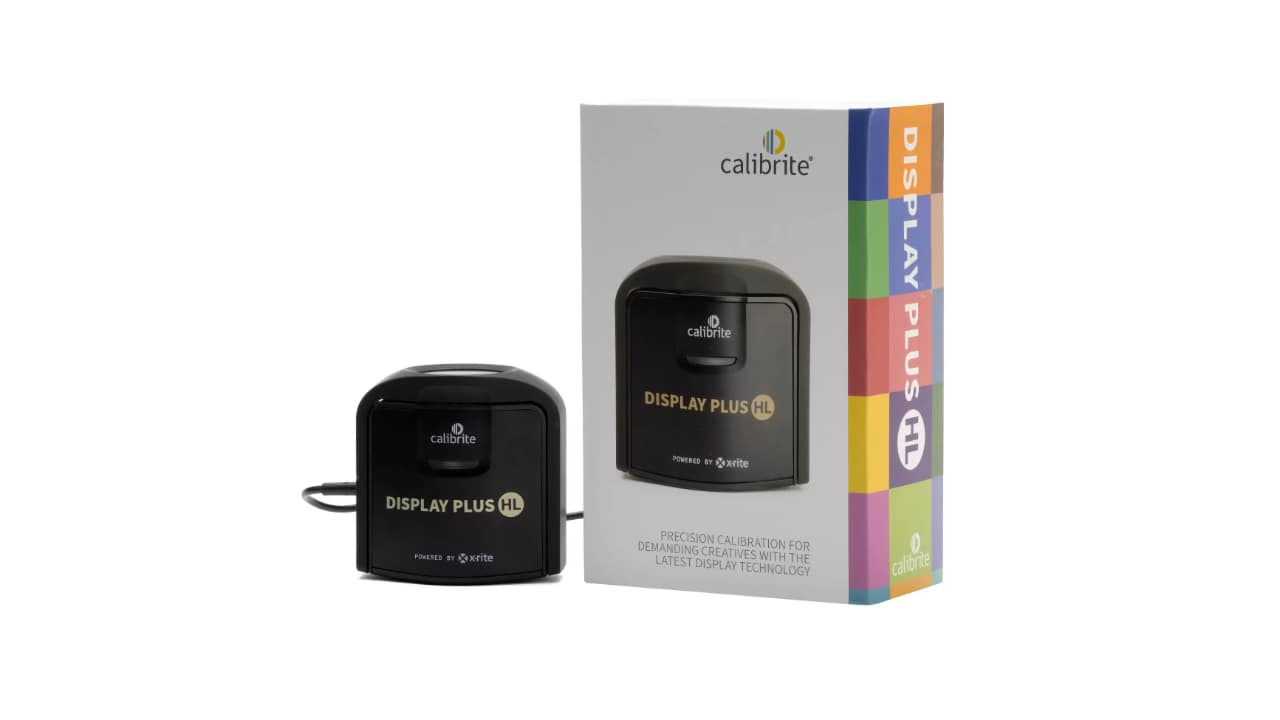 Calibrite Display Plus HL colorimeter unit beside its retail box, showing the device and multicolour packaging design