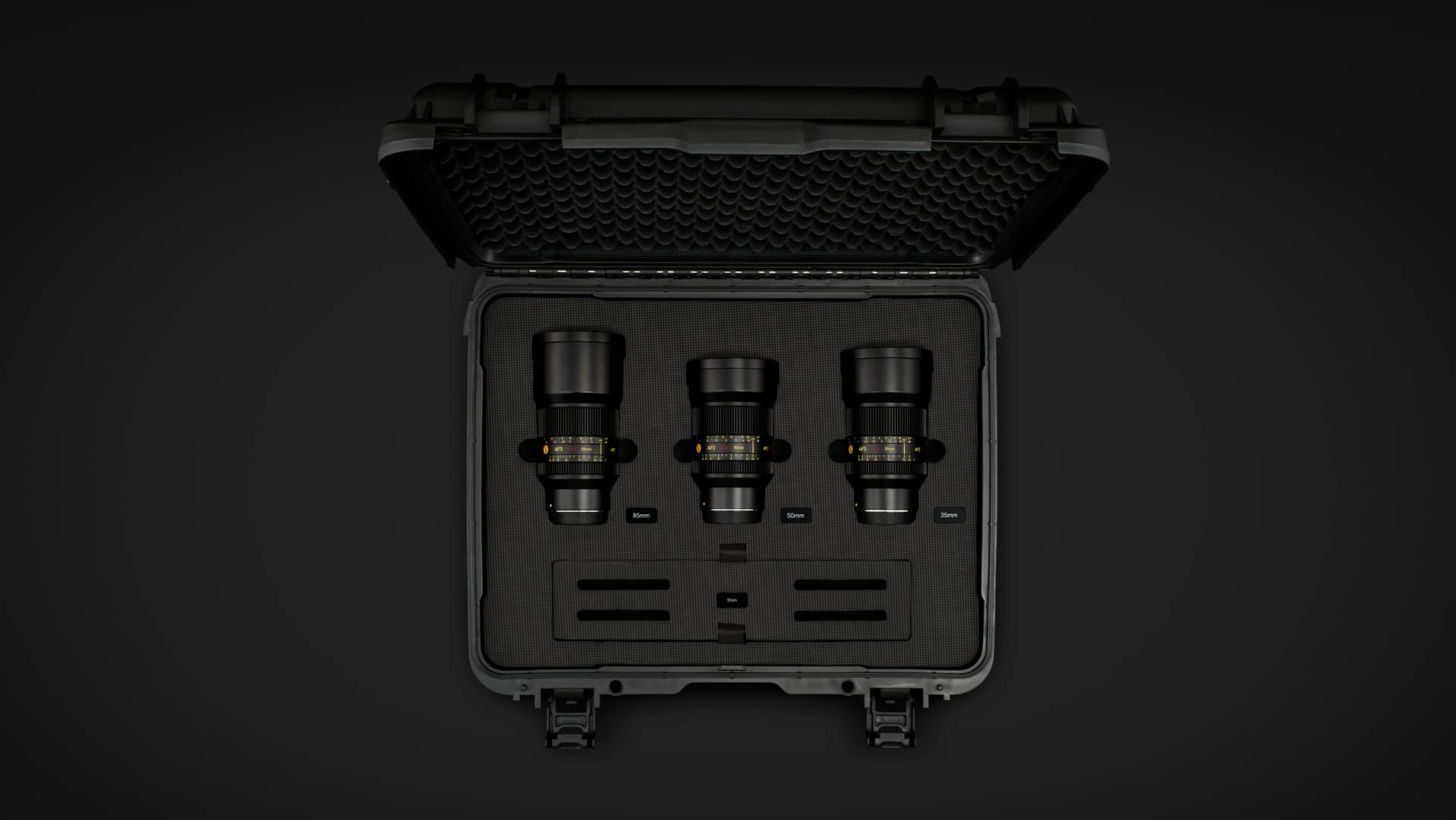 Cooke AP3 three-lens anamorphic set in carry case, showing 35mm, 50mm, and 85mm primes