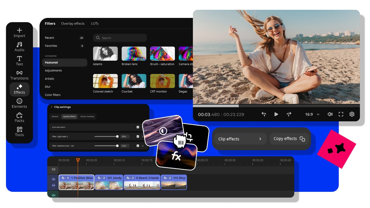 The image shows a digital interface from the Movavi Video Editor with various panels and a preview window. There are sections labeled 'Filters', 'Effects', 'Transitions', and 'Clip Effects', with icons and options for video editing. A preview window on the right displays a beach scene with a person. There are also timeline markers and editing tools visible.