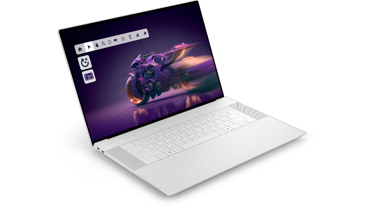 A sleek, white Dell 16 Premium laptop is shown with its screen displaying a graphic of a futuristic, purple motorcycle in motion and editing tools at the top. The laptop features a thin bezel and a large touchpad.