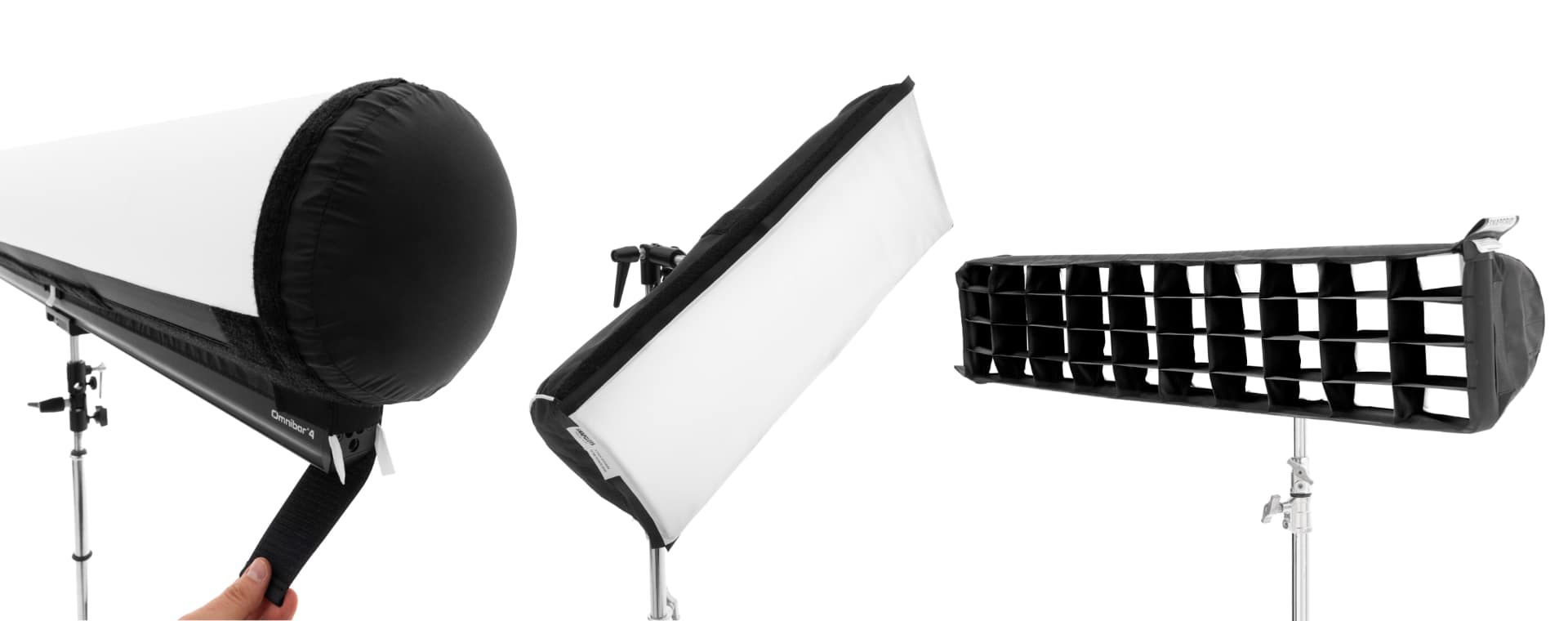 DoPchoice Snapgrid and Snapbag light-shaping accessories fitted to ARRI Omnibar LED bar fixtures