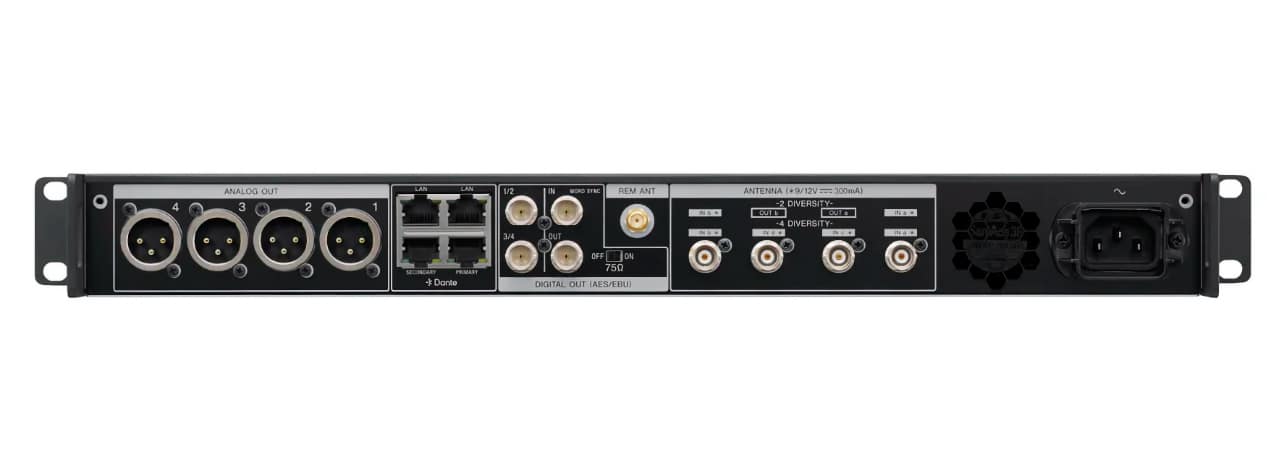 Sony DWR-R40Q rear panel showing four XLR analog outputs, Dante LAN ports, and four-antenna diversity inputs
