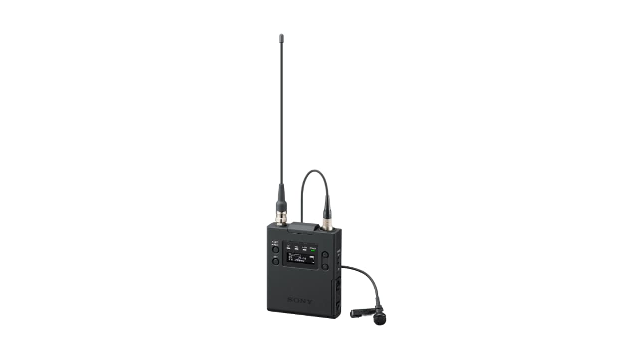 Sony DWT-B40 bodypack transmitter with antenna extended and lavalier microphone connected via XLR cable