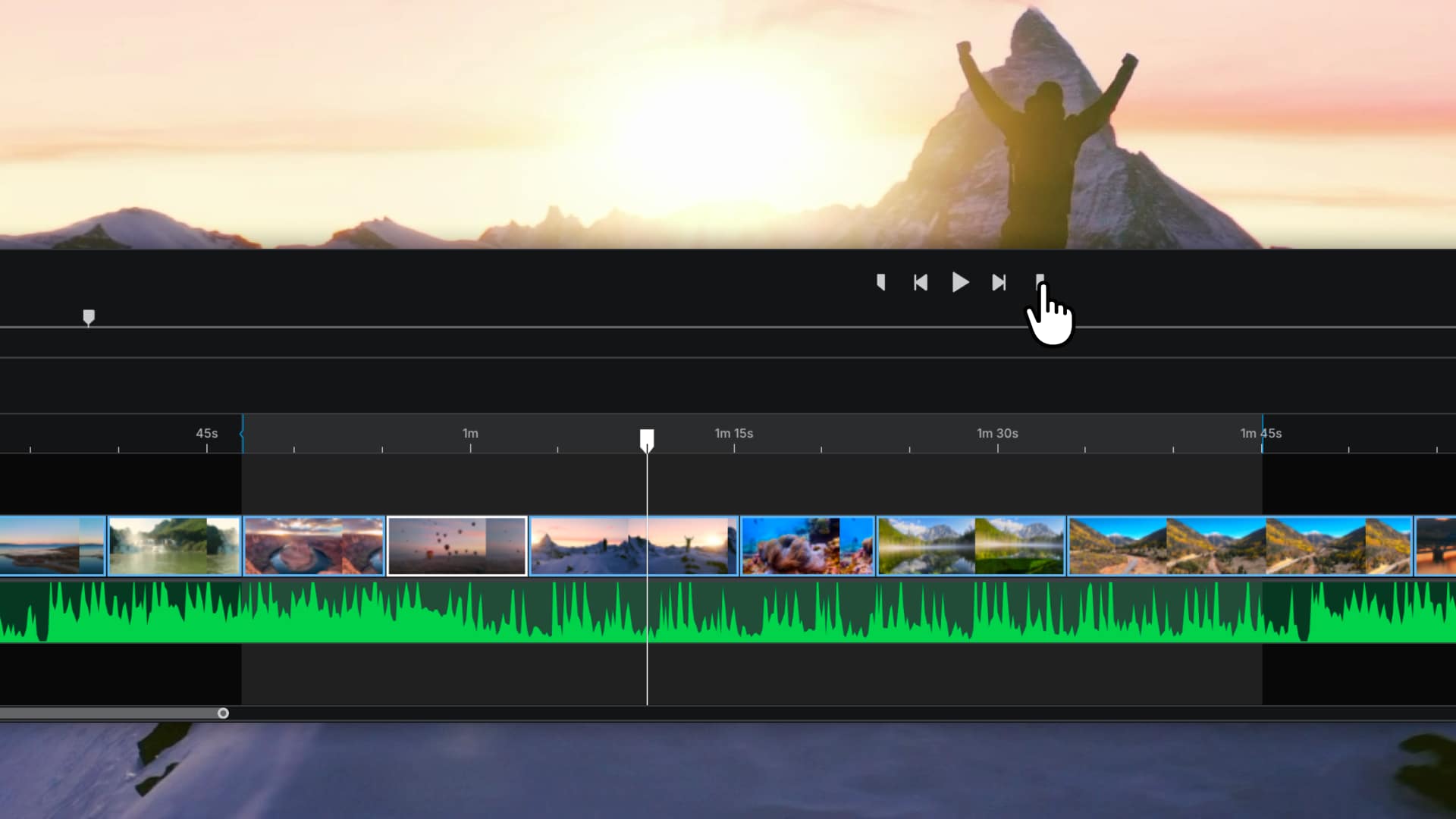 Elevate.io timeline editor showing In and Out point markers set on a multi-clip sequence with audio waveform track