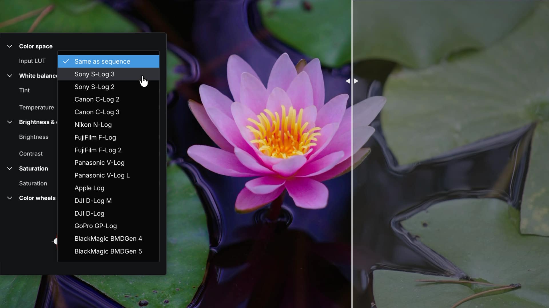 Elevate.io Input LUT dropdown menu showing 15 supported log formats including Sony S-Log, Canon C-Log, Nikon N-Log, DJI D-Log, and Blackmagic BMDGen