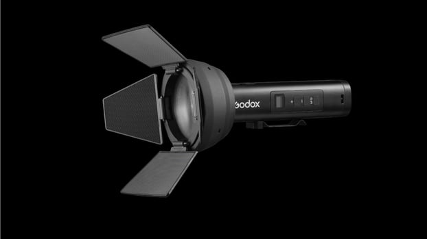 Godox FL15Bi with four-leaf magnetic barndoors attached, showing onboard controls and display panel