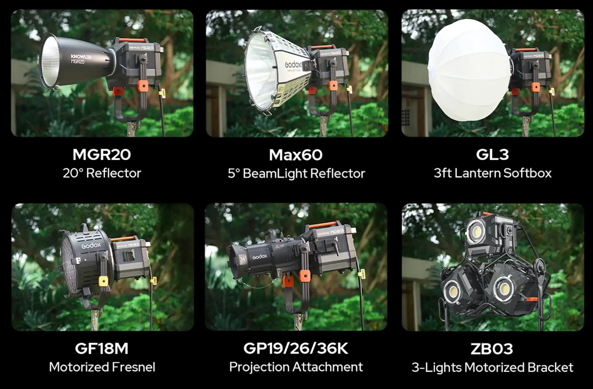 The image showcases a selection of lighting equipment used in photography or videography in the G-Mount ecosystem. It features six different lighting tools, each labeled with its name and type, including reflectors, a motorized Fresnel, a projection attachment, and a motorized bracket for multiple lights. The products are visually arranged in a grid format, set against a blurred natural backdrop, highlighting their professional design and functionality.