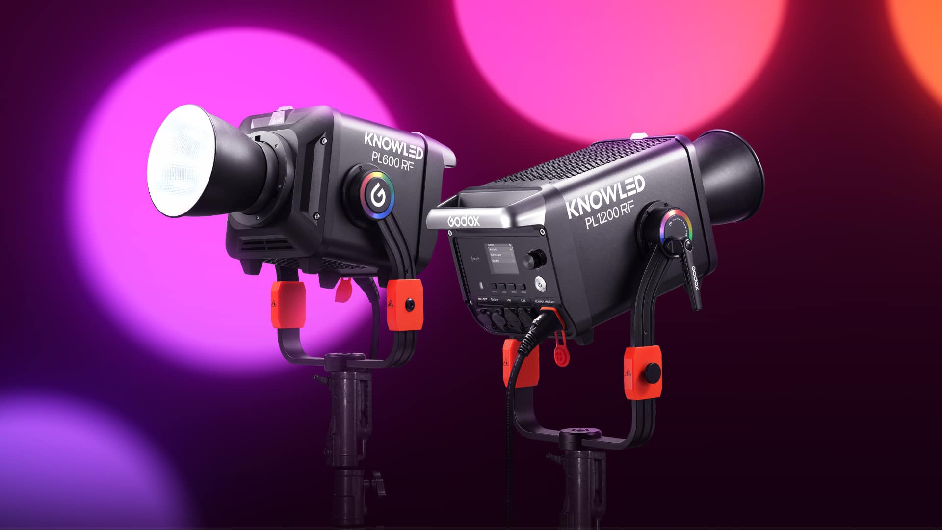 Godox KNOWLED PL600RF and PL1200RF fixtures side by side against a pink and purple lit backdrop