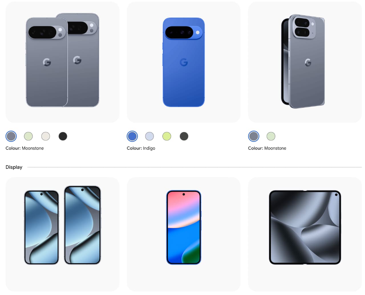 A selection of three Google Pixel 10 smartphones and their color options above images of their displays. The phones are shown in Moonstone gray and Indigo blue, with front screens displaying different wallpapers.