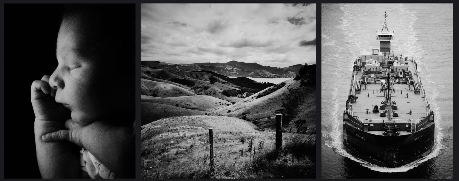 Three black and white photos shot with Halide Mark III's Chroma Noir Look: a newborn baby in profile, a New Zealand hillside landscape, and a cargo ship seen from above.