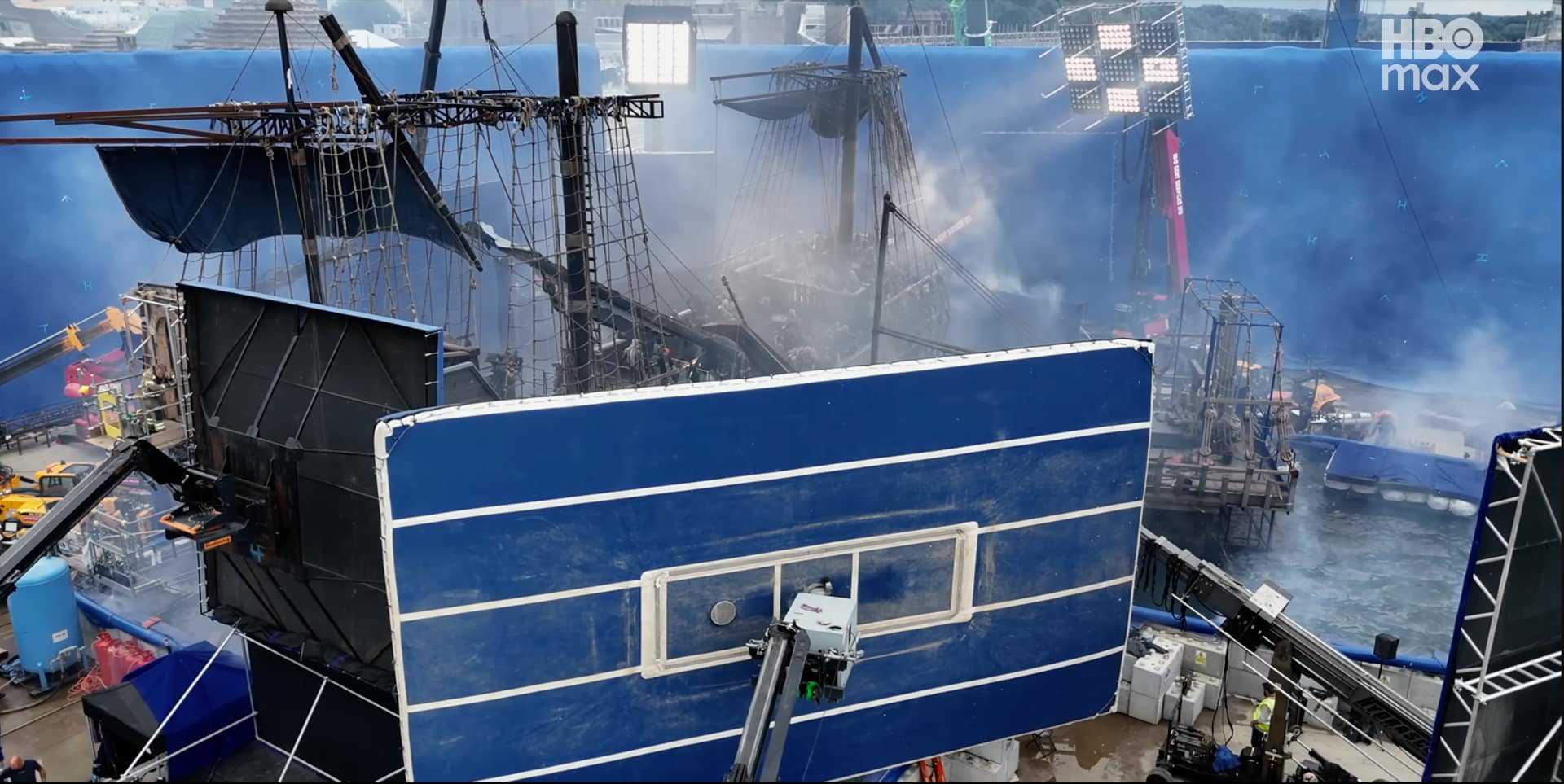 House of the Dragon season 3 Battle of the Gullet ship sets in the wet tank surrounded by blue screen at Leavesden