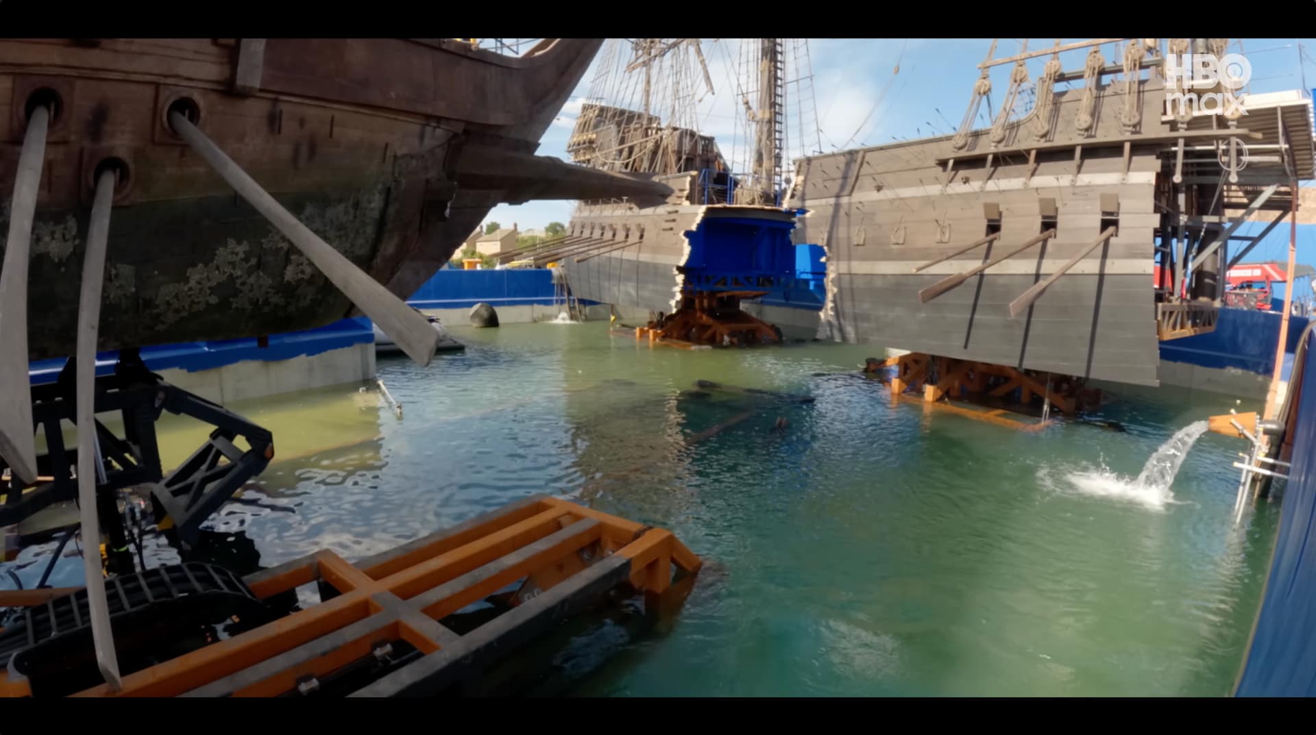 House of the Dragon season 3 Battle of the Gullet wet tank at Leavesden with two ship hulls on independent gimbal rigs