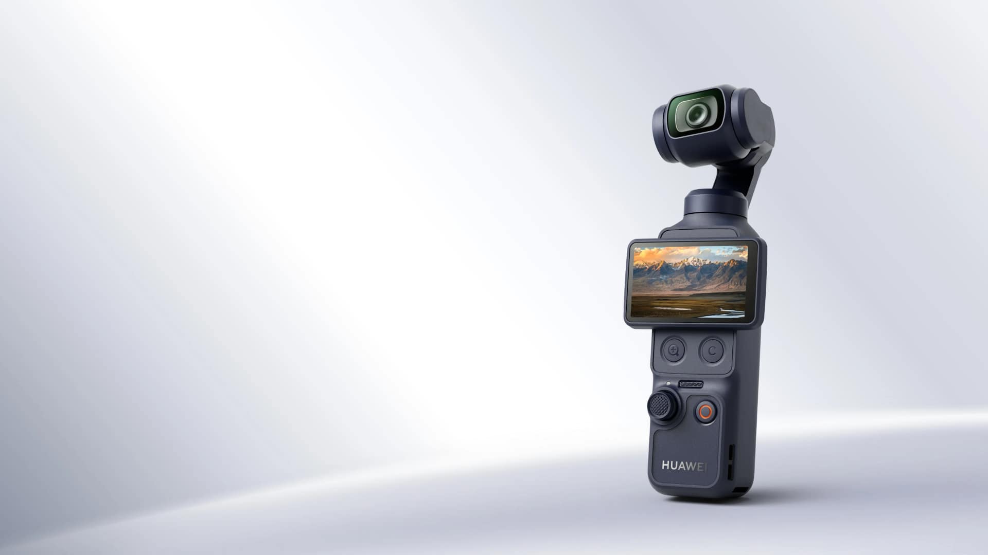 Huawei x DJI Osmo Pocket 4 gimbal camera with HUAWEI branding on the handle and a landscape on its screen