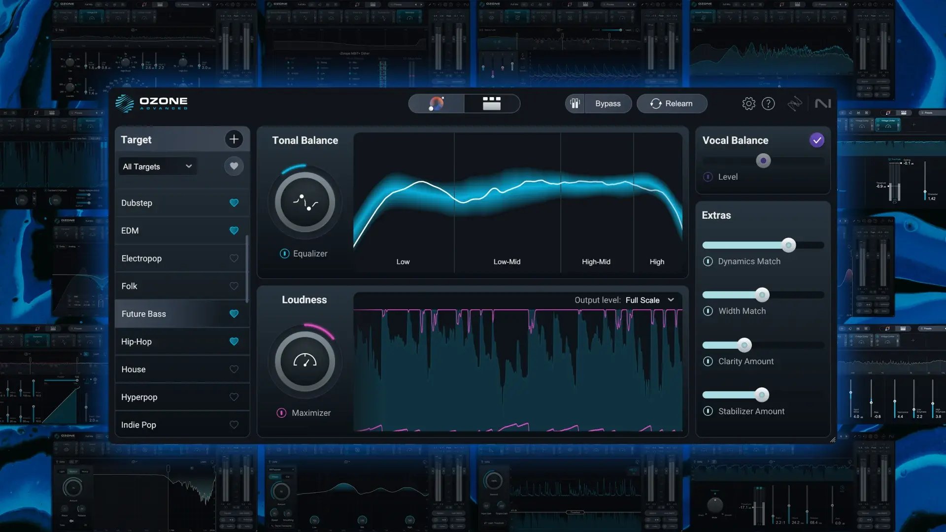 iZotope Ozone Advanced interface showing the Tonal Balance equalizer and Loudness maximizer panels