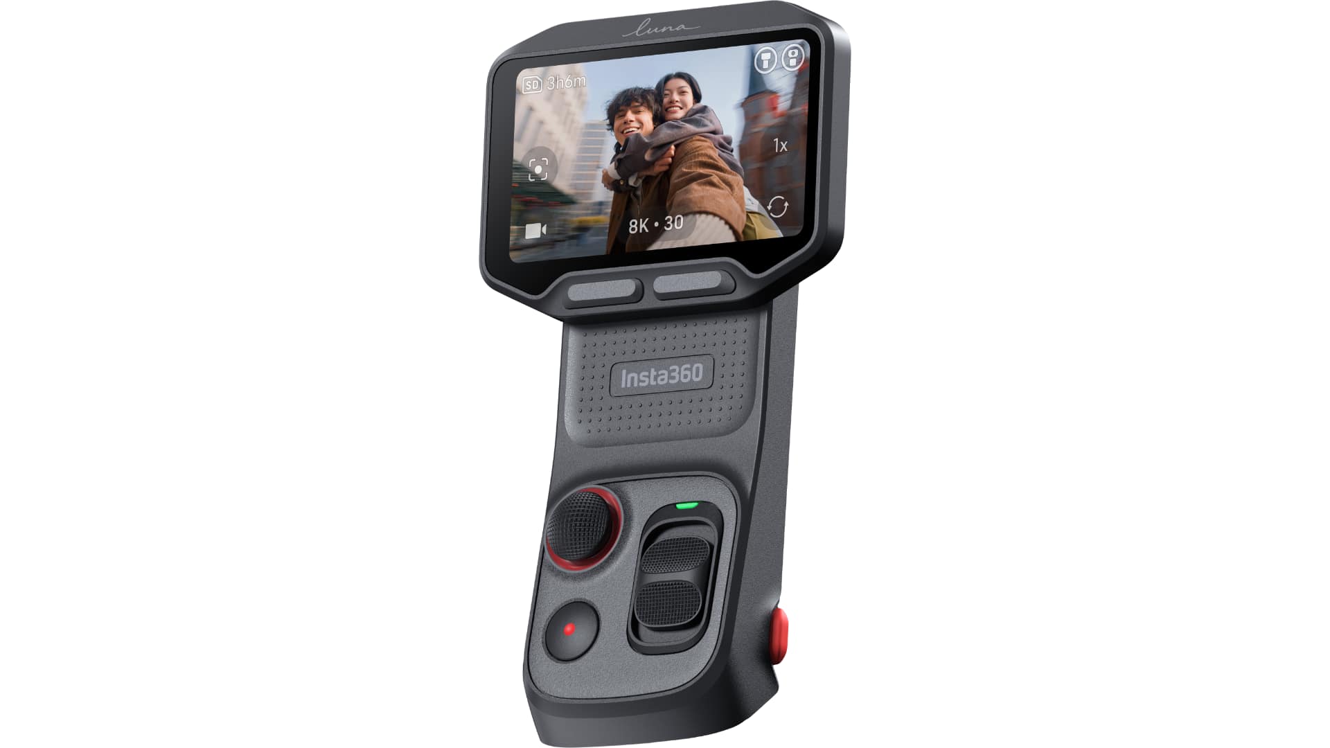 Insta360 Luna Pro detachable touchscreen in Cosmic Black showing 8K30 recording of two people