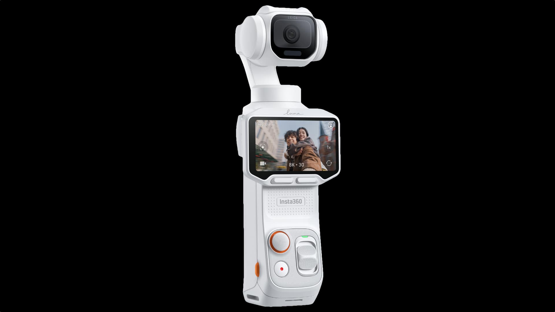Insta360 Luna Pro in Stellar White on black background showing gimbal, Leica lens and touchscreen